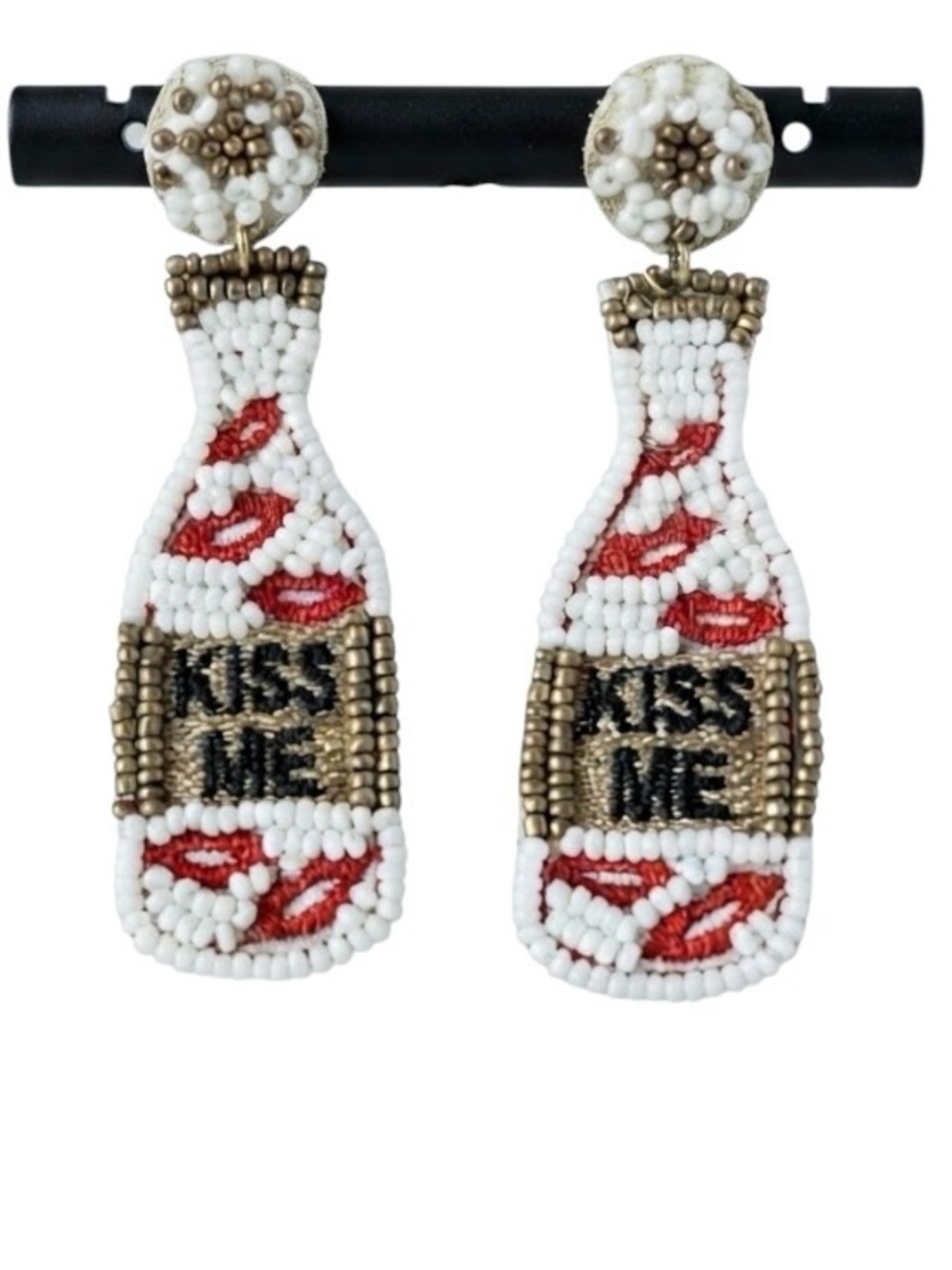 Viola White “Kiss Me” Bottle Seed Bead Earrings (NWT)